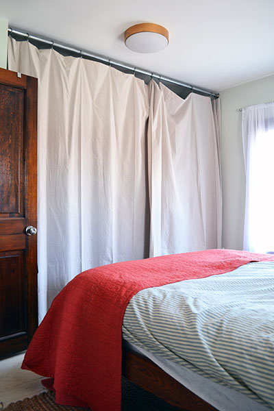 Master Bedroom Closet Before With Drop Cloth Curtains