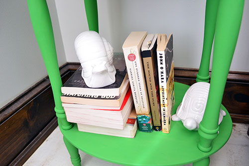Nightstand Styling With Books And White Ceramics