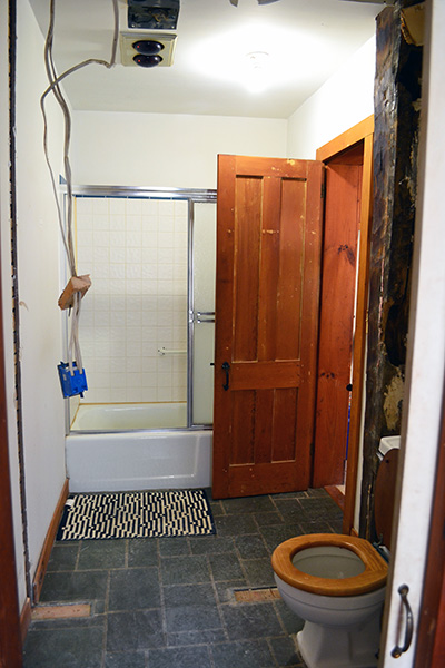 Farmhouse renovation of bathroom demo in progress