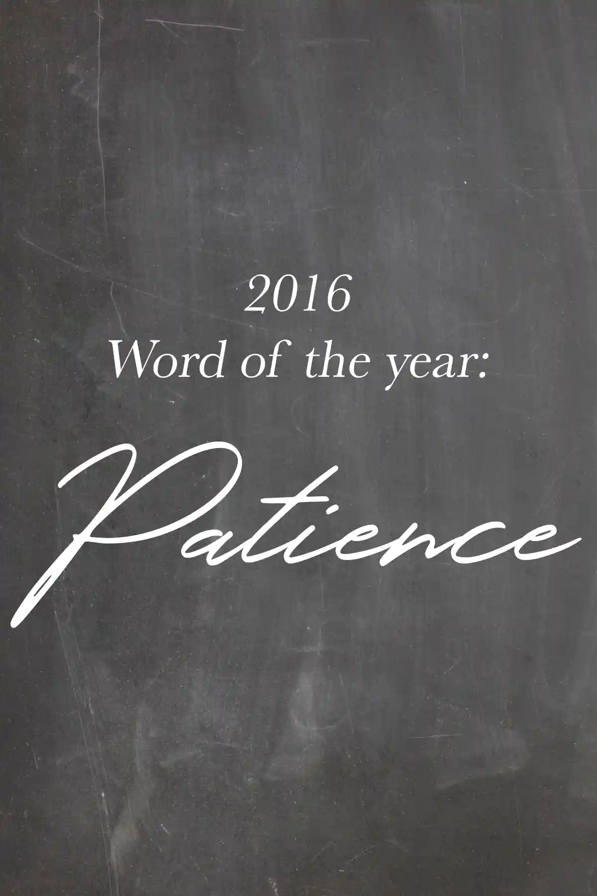 Text graphic with a chalkboard background and the words "2016 Word of the Year: Patience" layered in white lettering