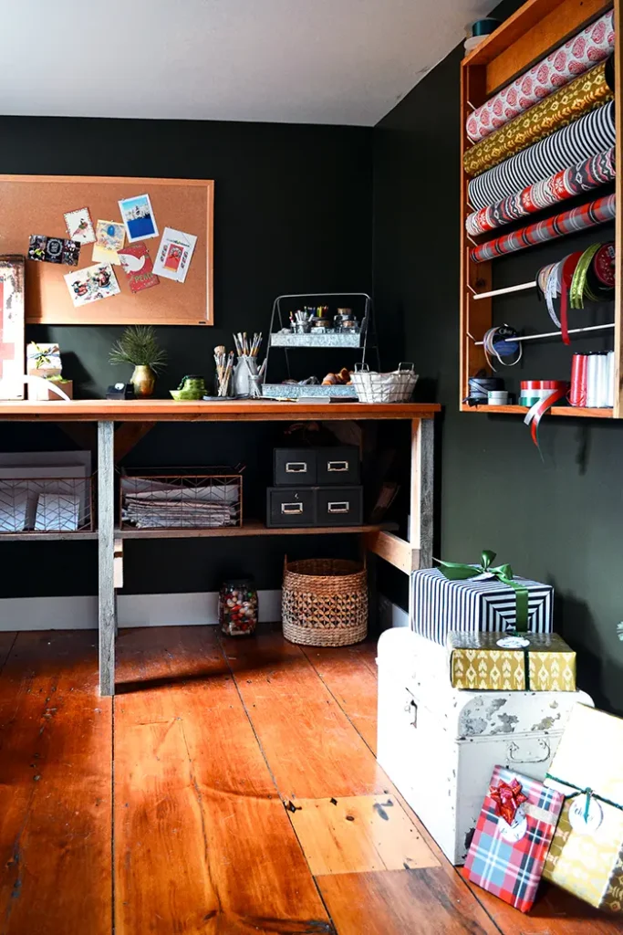 Wrapping paper storage rack DIY out of scrap wood and setting up a wrapping station in a craft room