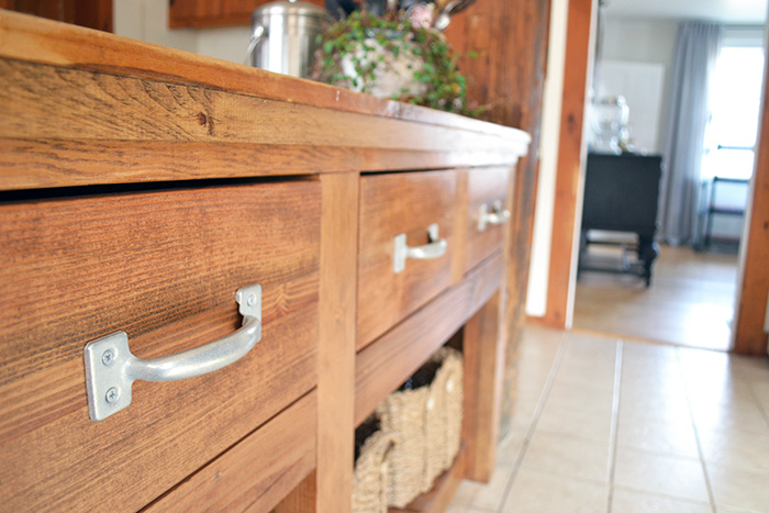 Using Screen Door Handles For Rustic Kitchen Island Drawer Hardware