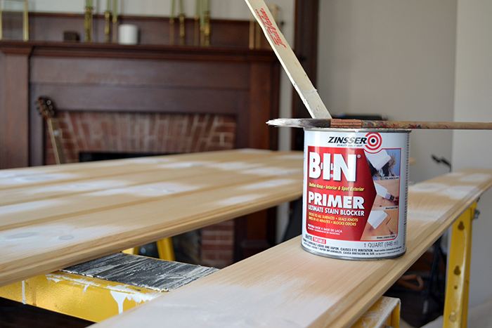 Using BIN primer to cover pine knots on ceiling planking and wall planking