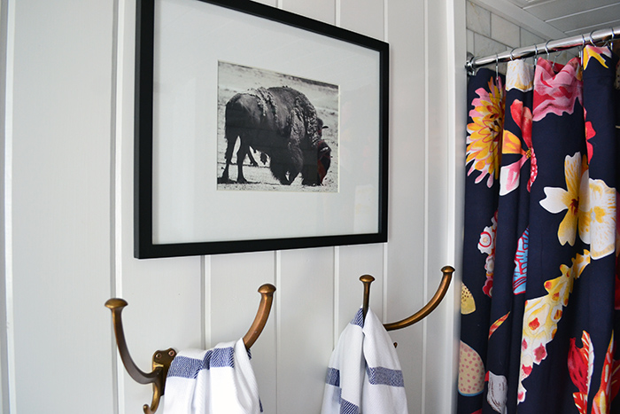 Black and white buffalo art print hanging in a bathroom above vintage towel hooks and Turkish bath towels.