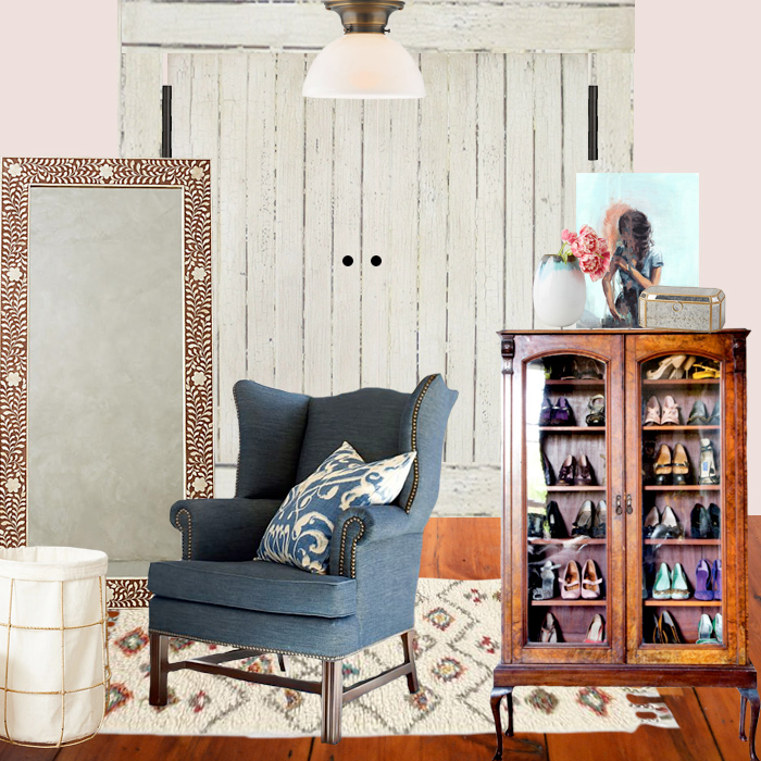 Master walkin closet design plan with denim upholstered chair