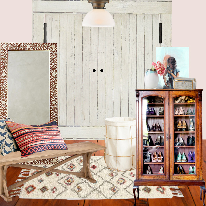 Master walkin closet design plan with rustic wood bench