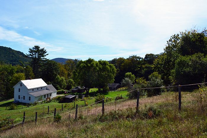 White colonial farmhouse in a Vermont country field