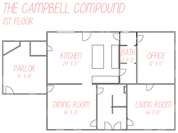 Floor plan of the first floor of a vintage 1781 farmhouse