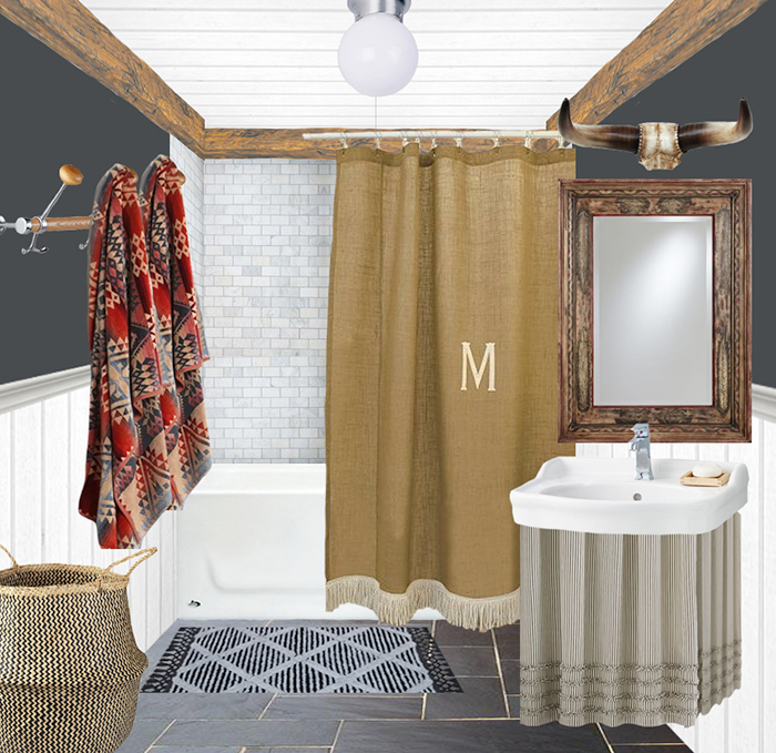 Bathroom design plan with dark walls, burlap shower curtain, and Pendleton towels