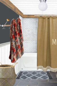 Bathroom design plan with slate floor, Pendleton towels, and burlap shower curtain