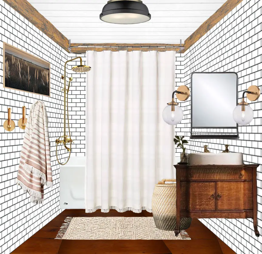 Small bathroom renovation mood board with white subway tile and a vintage vanity