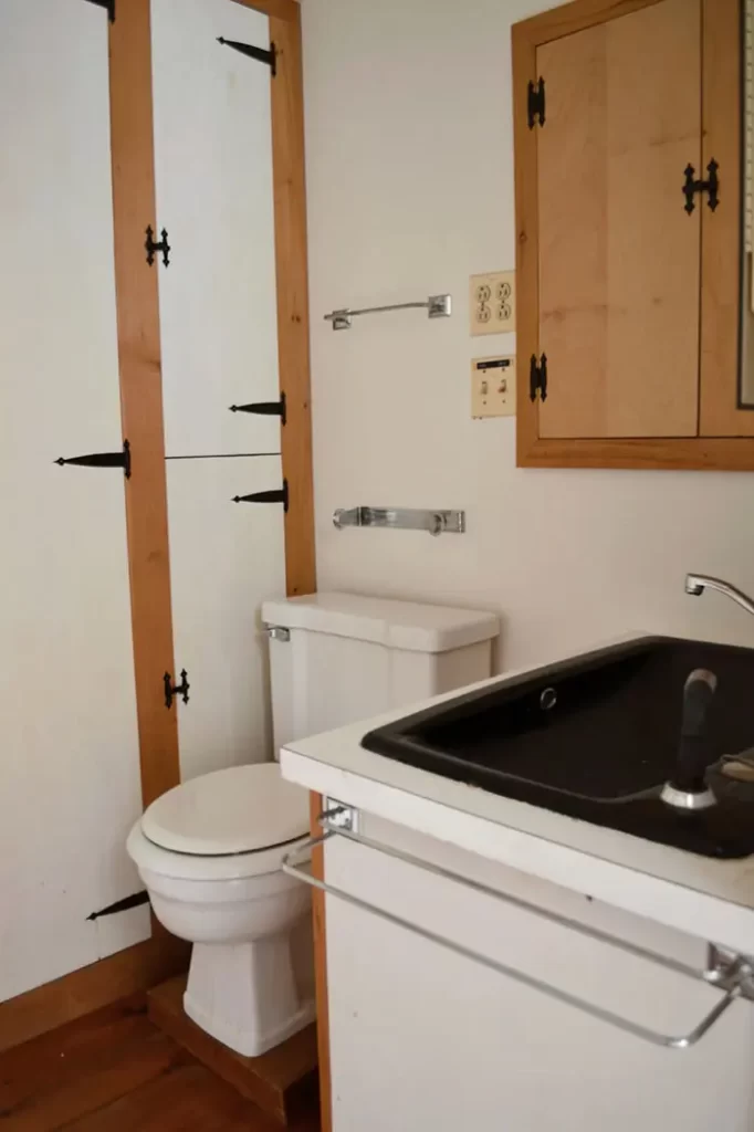 Small bathroom renovation before with toilet, plywood closet, and black sink