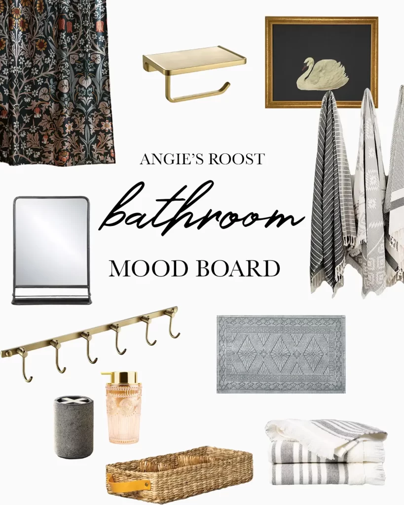 Bathroom accessories mood board with a dark shower curtain and antique bronze accessories