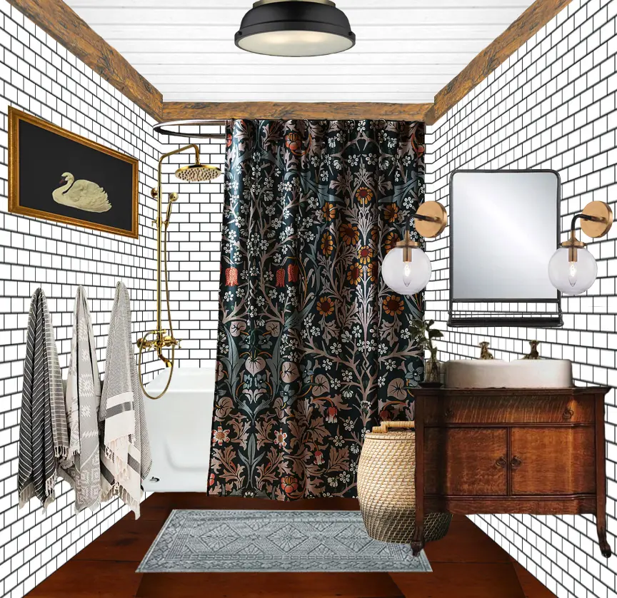 Bathroom mood board and design plan with white subway tile, black grout, and vintage vanity