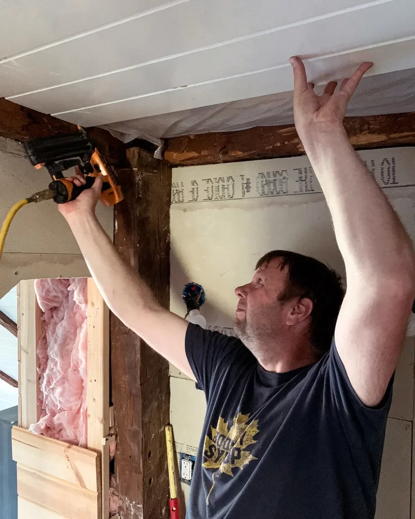 How to install ceiling planks by nailing the tongue and groove pine boards to the ceiling strapping