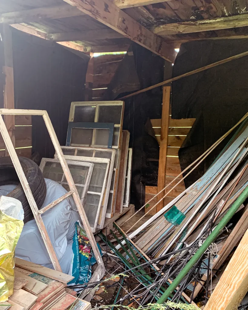 The interior of the old storage shed is super messy with old windows, garden supplies, and other construction materials