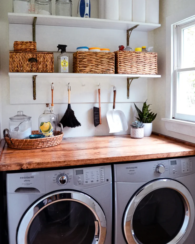 Using DIY open shelves in a laundry room to add extra storage space in a small, compact space
