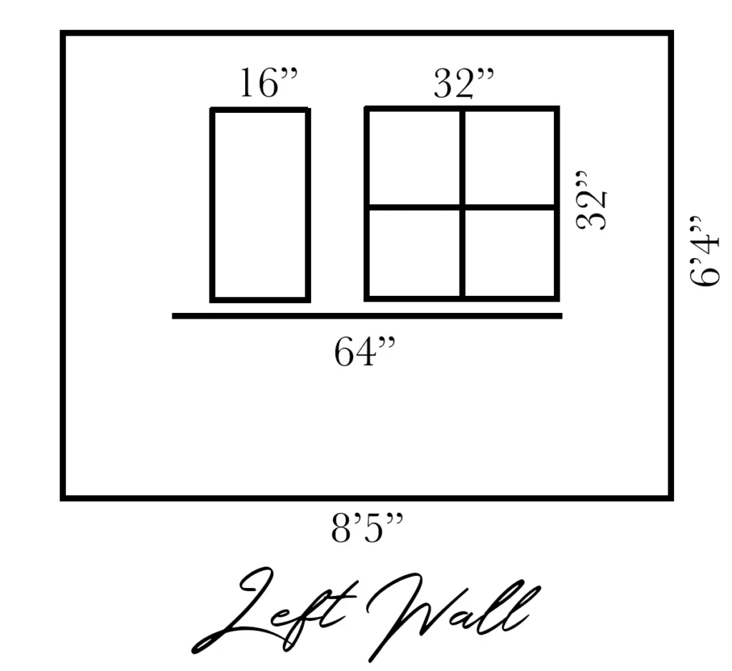 Playhouse plan elevation sketch of left wall with playhouse windows, chalkboard, and shelf