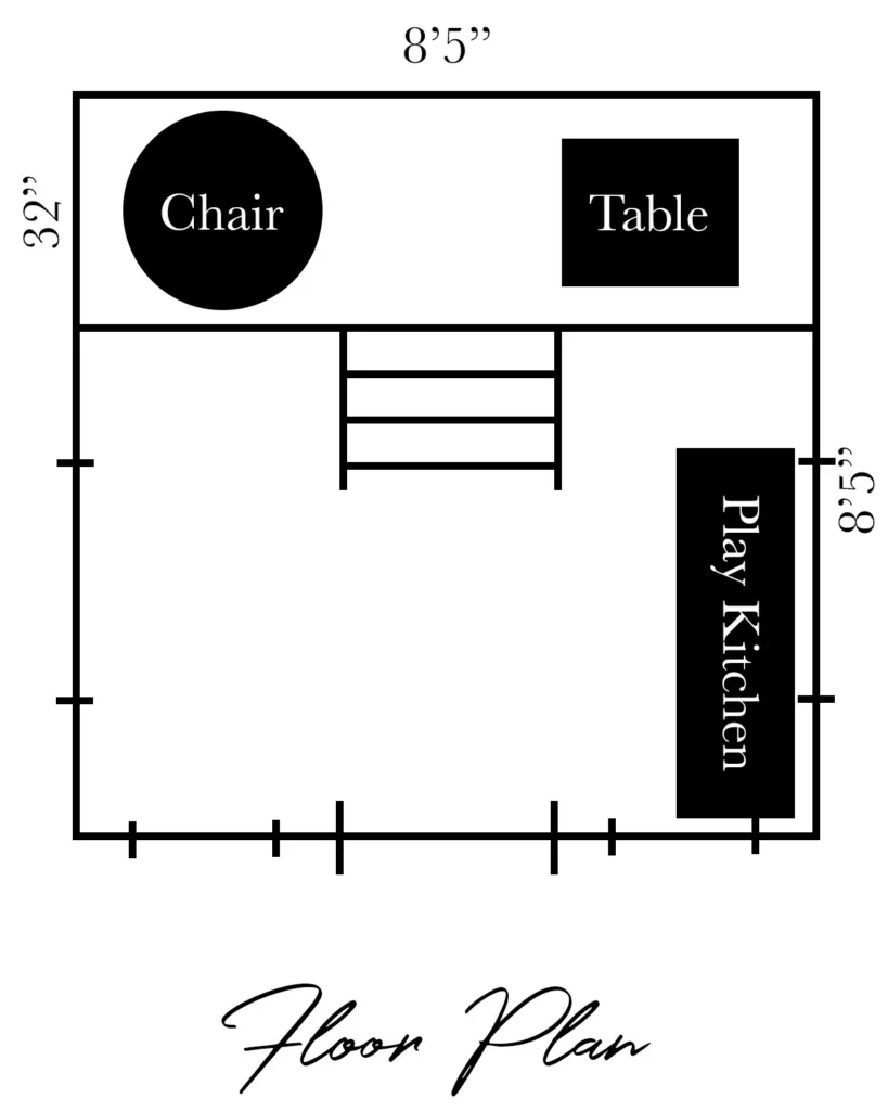 Playhouse floor plan with loft, hanging chair, table and chairs, and play kitchen