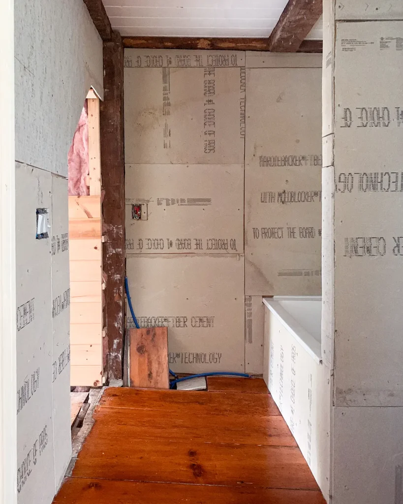 Small bathroom renovation prepped for tiling the shower surround and walls