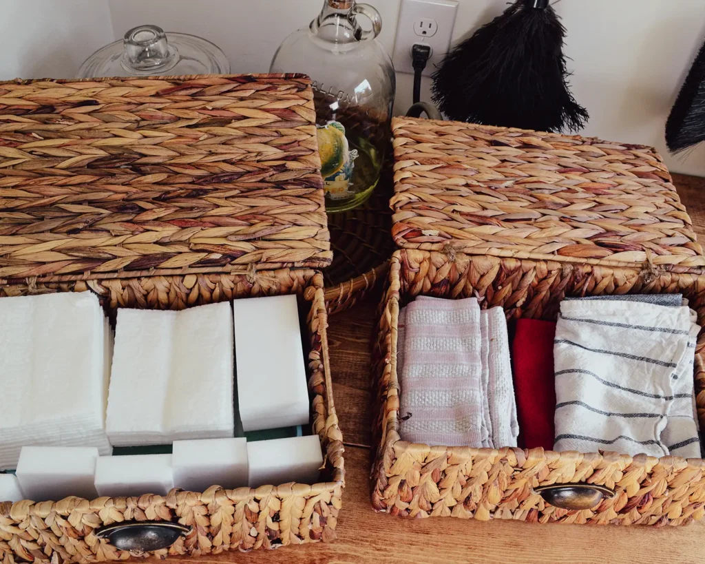 Lidded baskets in a laundry room to store cleaning supplies and cleaning clothes