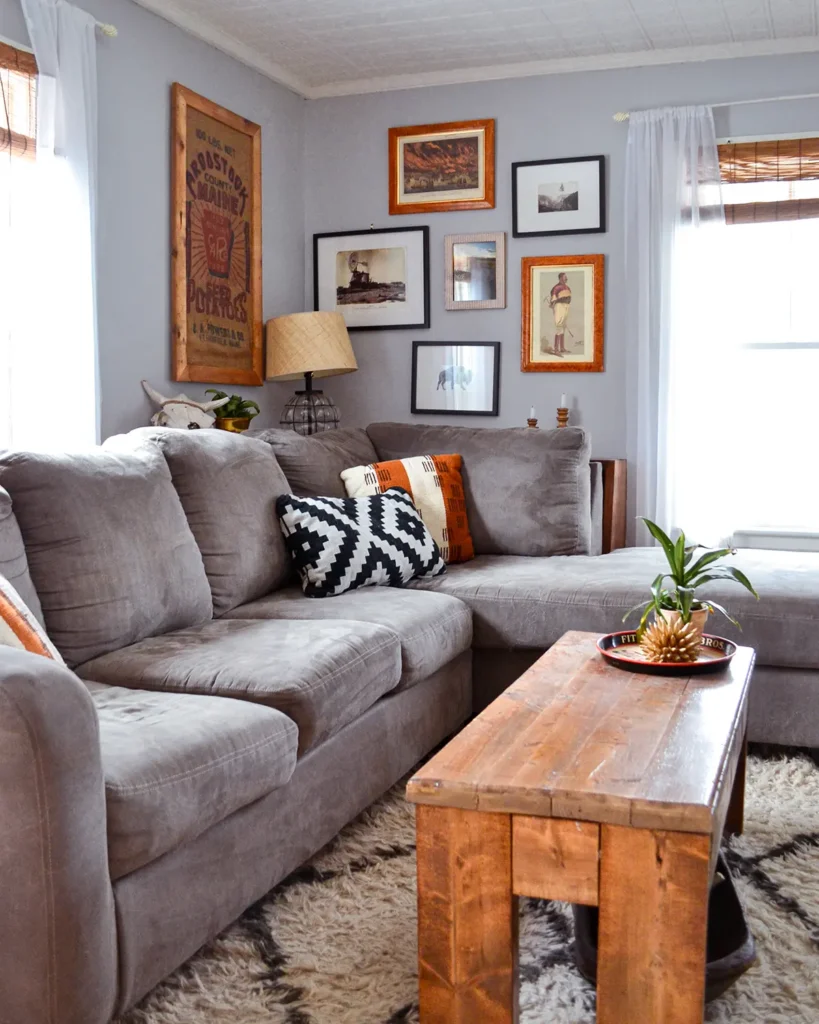 Repurposing old wood from a carrying beam into a rustic wood coffee table for our neutral living room