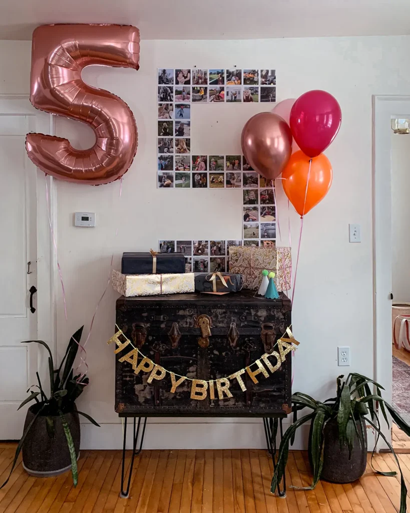 Fifth birthday number photo collage with balloons and birthday presents