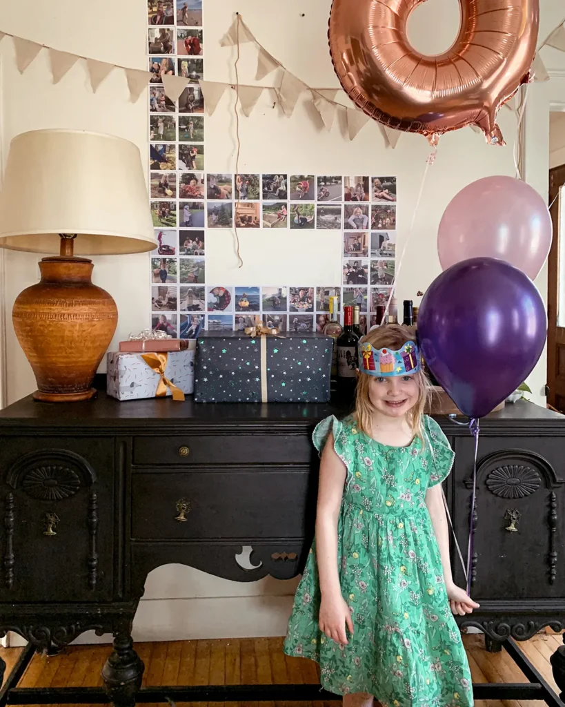 Sixth birthday number photo collage with birthday bunting, balloons and gifts