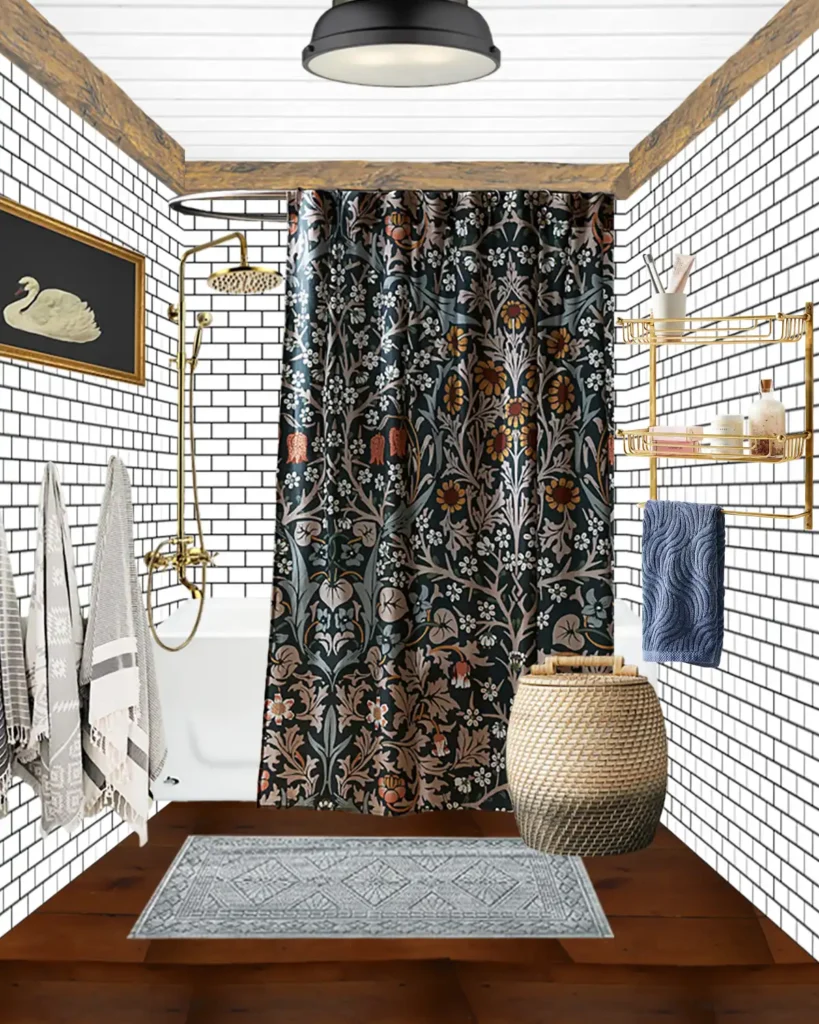Bathroom mood board with an Anthropologie wall shelf