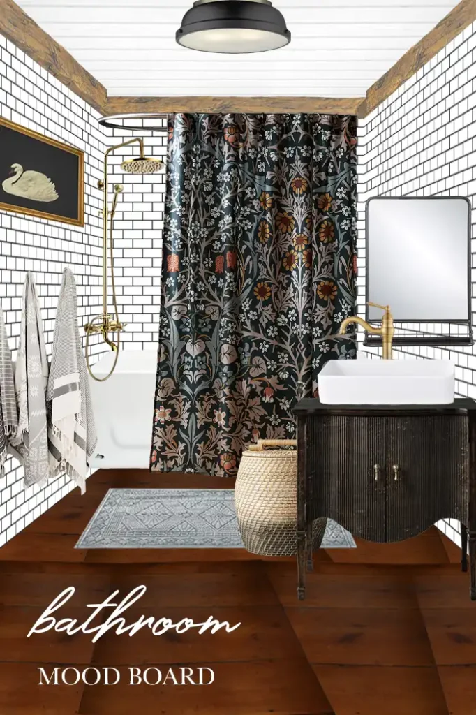Bathroom renovation moodboard with white subway tile, Anthropologie shower curtain, and Arhaus Conrad sideboard as a vanity