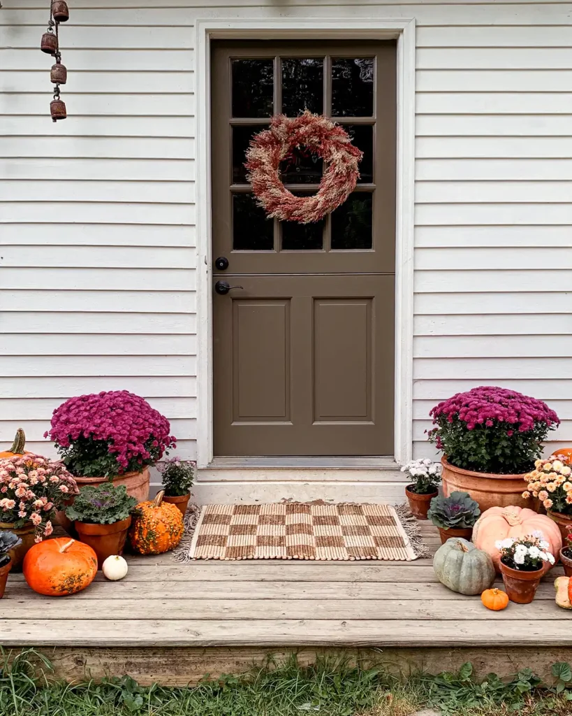 Front porch mums and pumpkins on a deck to decorate for fall with jute rug and pink fall wreath on the door