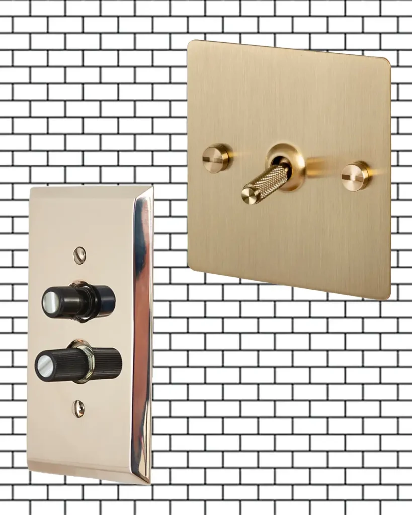 Vintage style switch options on white subway tile, top option from Buster and Punch and bottom option from Rejuvenation
