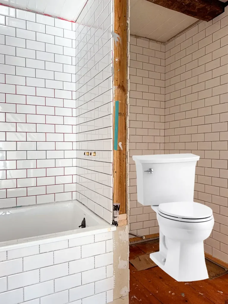 Small bathroom renovation with white subway tile with the Kohler Elmbrook toilet Photoshopped in