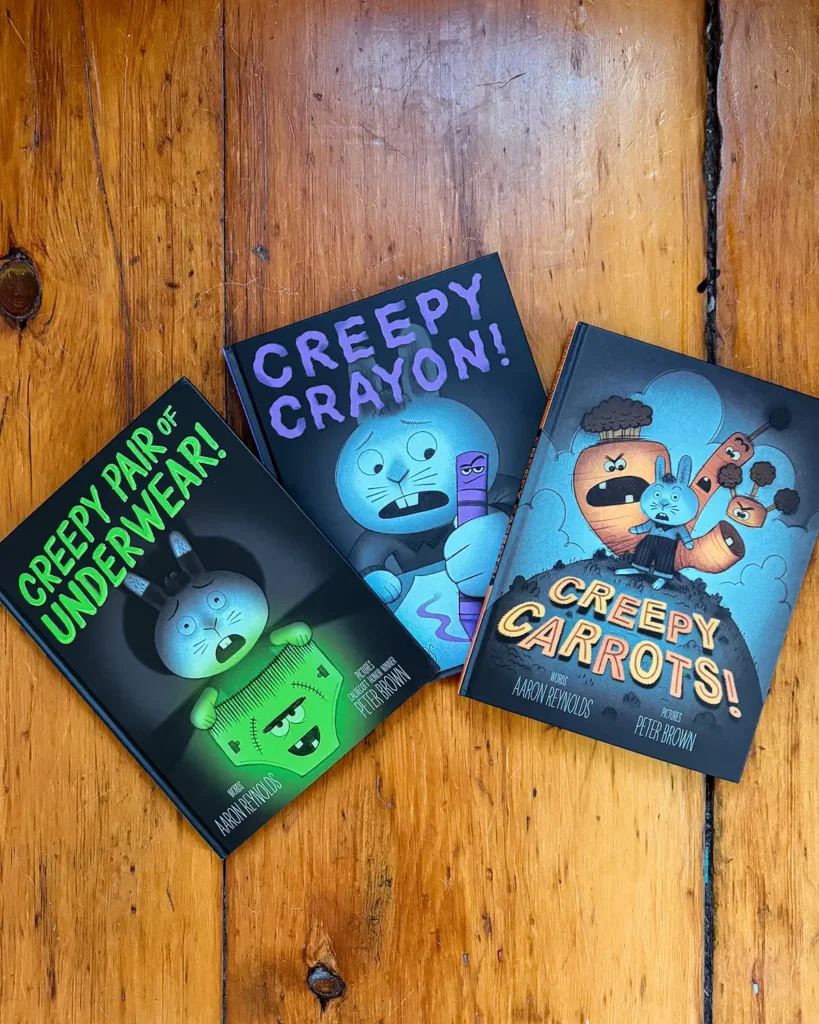 Series of three Creepy Tales books by Aaron Reynolds including "Creepy Pair of Underwear," "Creepy Crayon," and "Creepy Carrots."