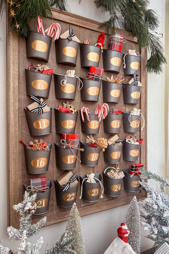 Advent calendar filler ideas featured image with wood and galvanized advent calendar from Pottery Barn filled with treats and goodies