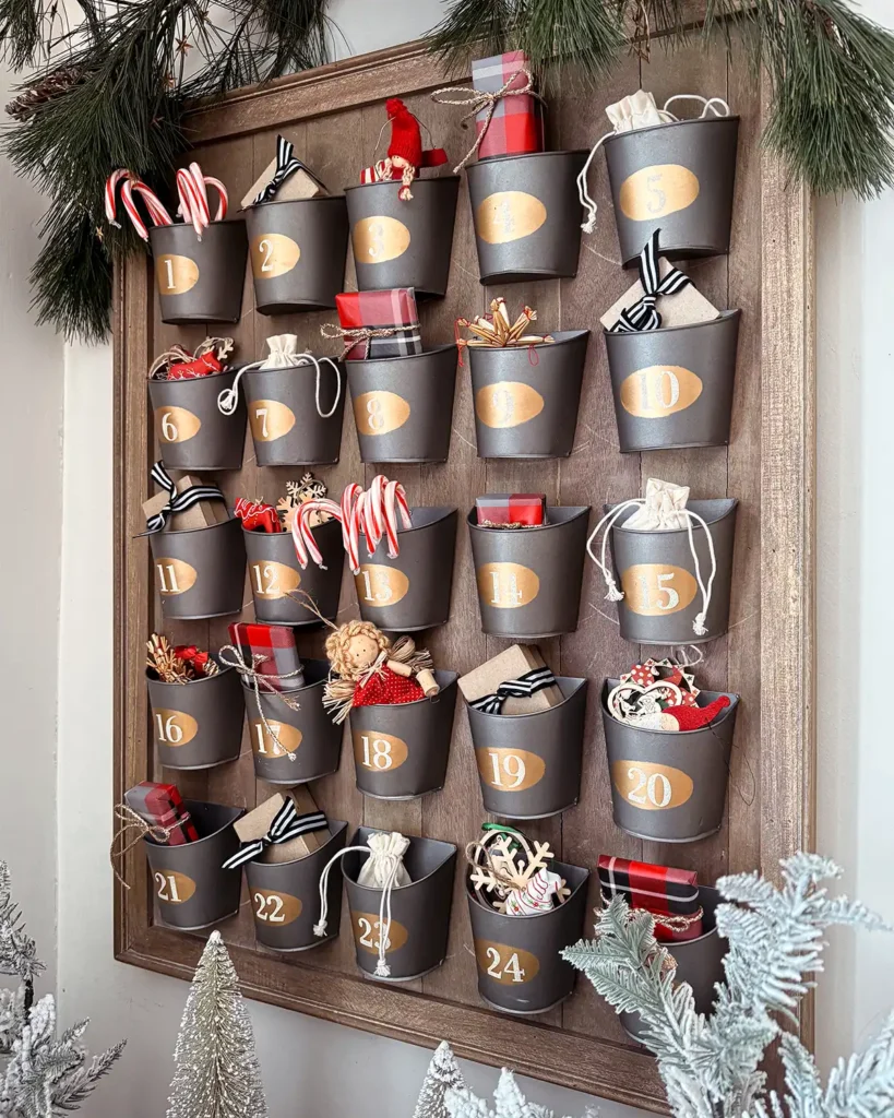 Our family advent calendar tradition with a Pottery Barn wood and galvanized metal advent calendar filled with sweet treats, Christmas activities, and ornaments