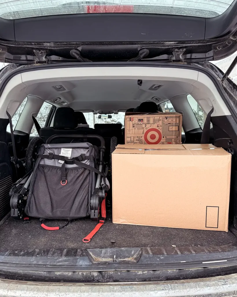 Donation boxes packed in the trunk of the car