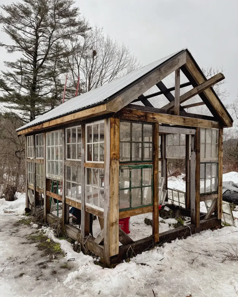 Greenhouse building progress update for January with a roof installed and the window sash starting to go in