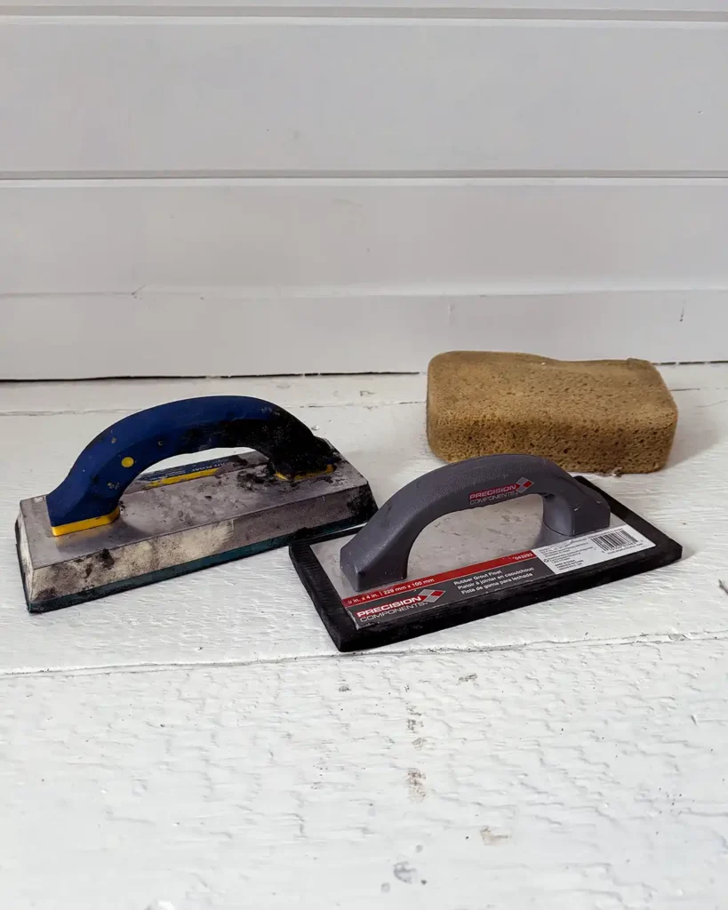 Grouting tools including two types of grout floats and a grout sponge