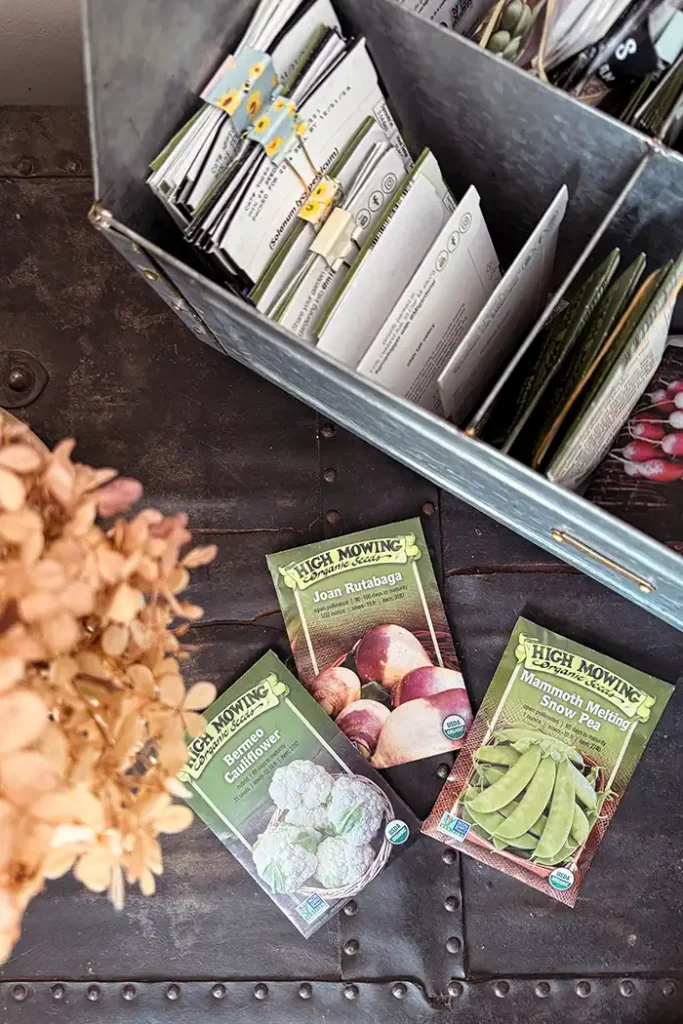 2024 kitchen garden grow list featured image with galvanized tote full of seed packets and a few seed packets sitting on the table