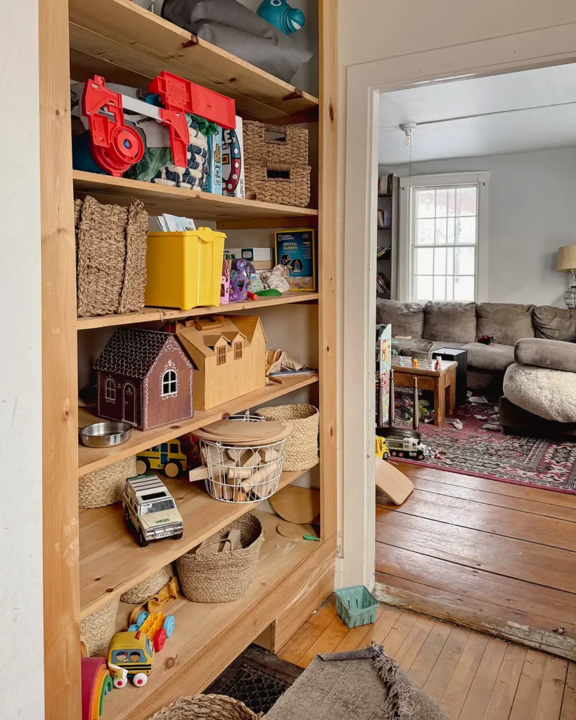 Decluttering when overwhelmed with toys, deciding where to start, toy shelves overstuffed