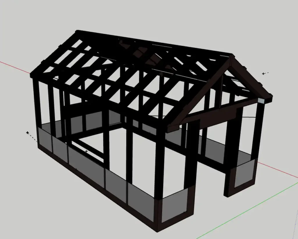 Greenhouse construction plans view #1 from the door side using rough cut lumber, wood siding on the bottom, and old window sash