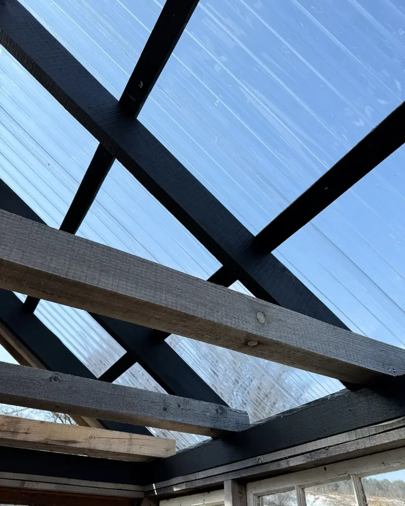 How to install corrugated plastic roofing material on a greenhouse, showing the roofing panels installed on the rafters from inside the greenhouse