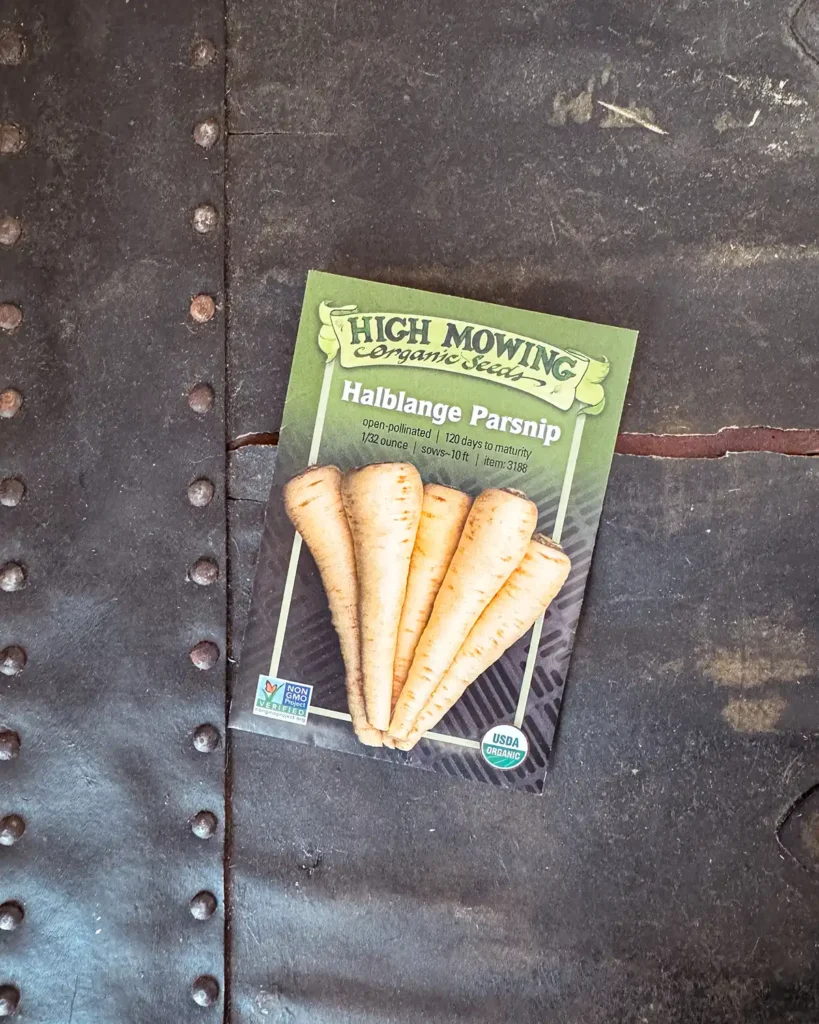 Parsnip seed packet for 2024 planting season featuring Halblange Parsnip from High Mowing