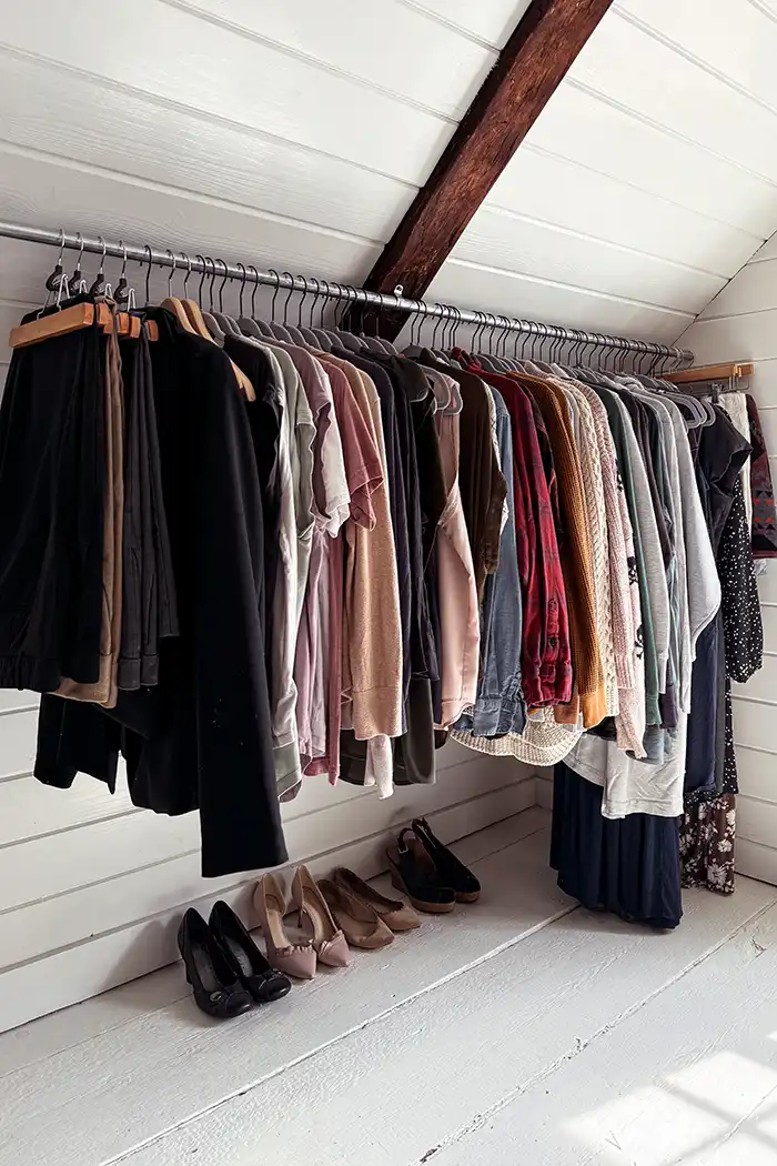 How to declutter a clothes closet featured image with a hanging rod filled with clothes in a walk-in closet with a row of shoes underneath