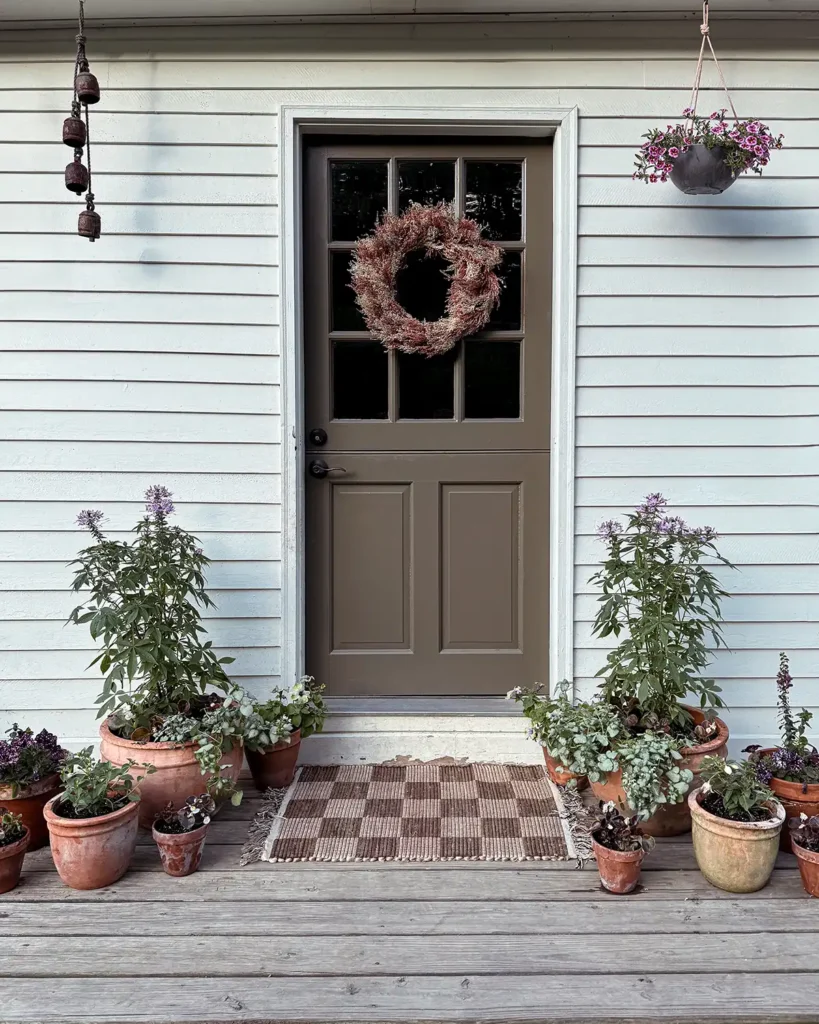 Deck container planting for summer with a collection of terracotta pots filled with a mix of purple and white flowers around a green door entry