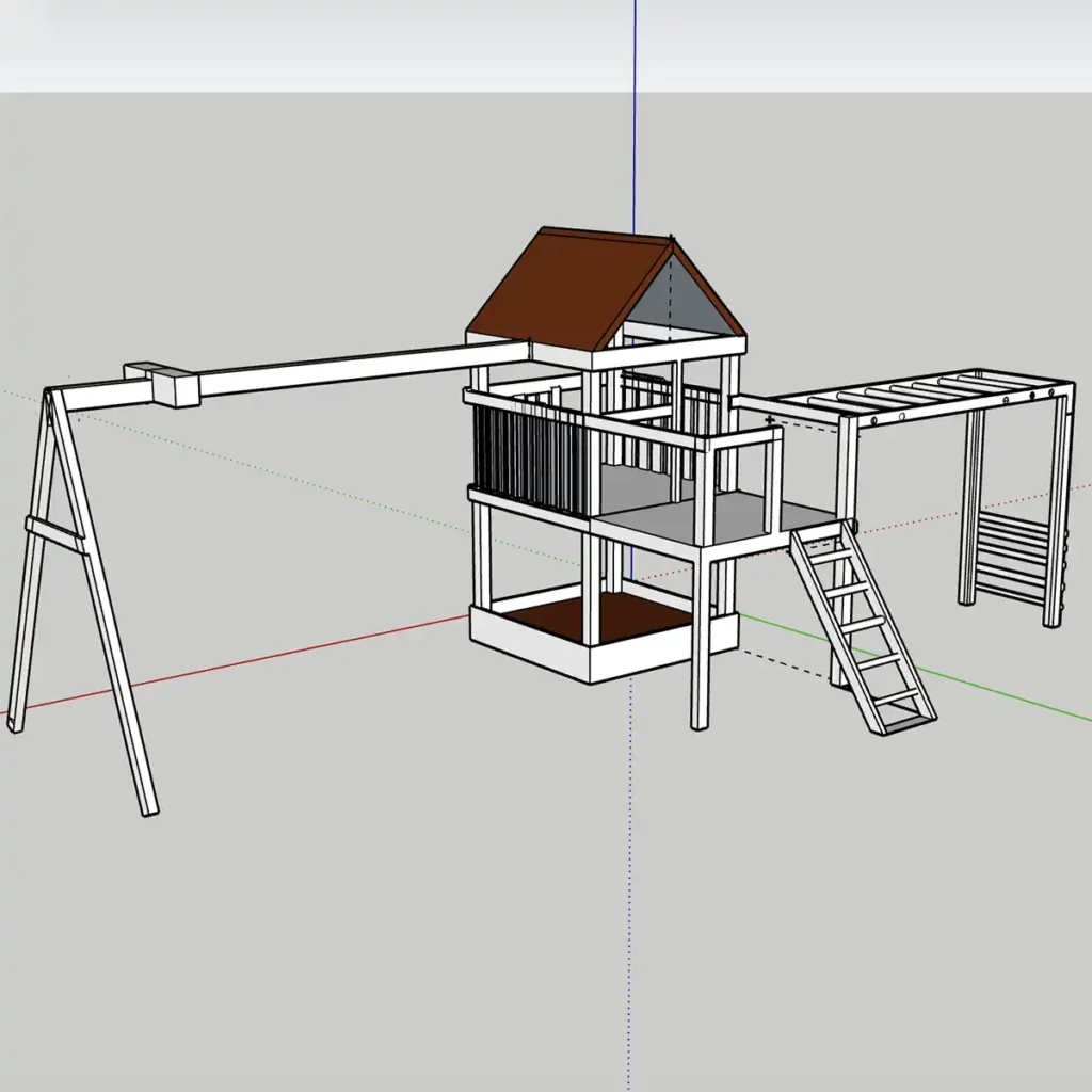 Backyard playground plans for renovating an old playground structure done is Sketchup. Features a longer swingset bar and adding monkey bars, a deck with ladder, and a sandbox