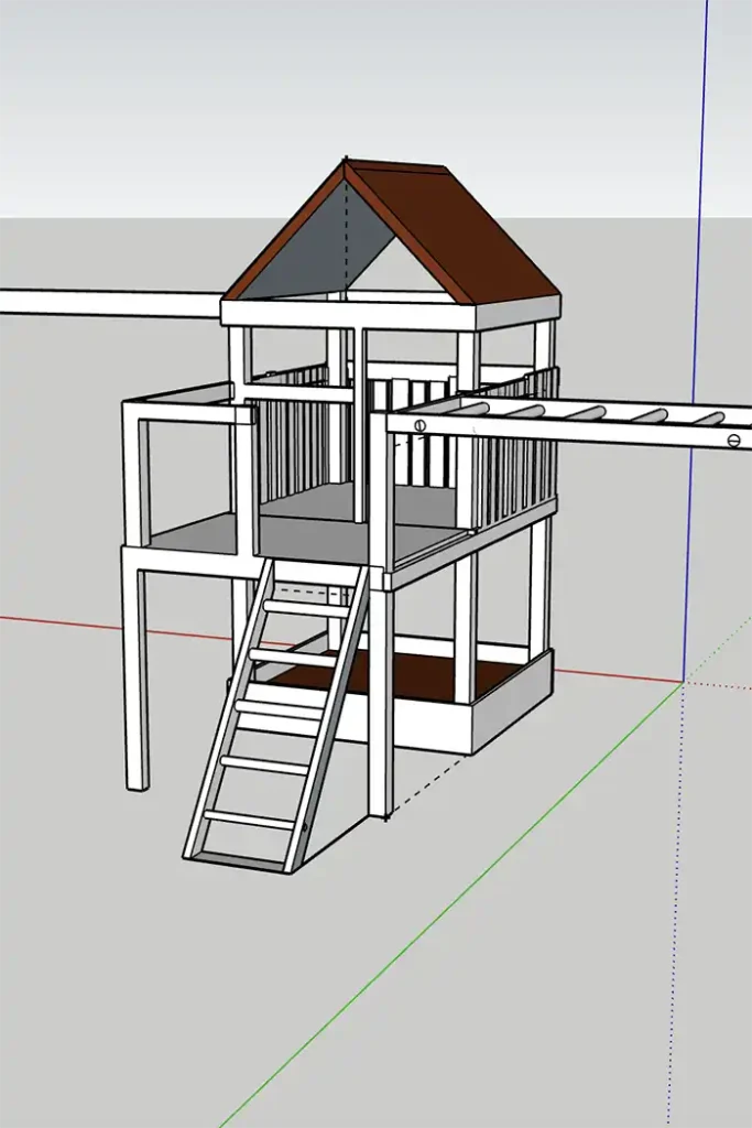 Backyard playground plans featured image with a Sketchup plan drawn up for how to renovate our old playground by adding a deck, fixing the swingset, adding monkey bars, and turning the ground level into a sandbox