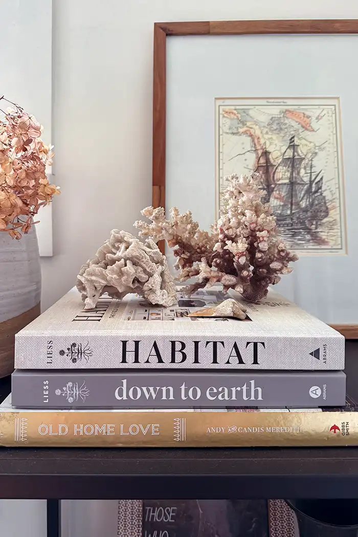 Turn your waiting room into a classroom featured image with a stack of design books sitting on a shelf in front of framed ship art print, dried flowers in a vase, and coral