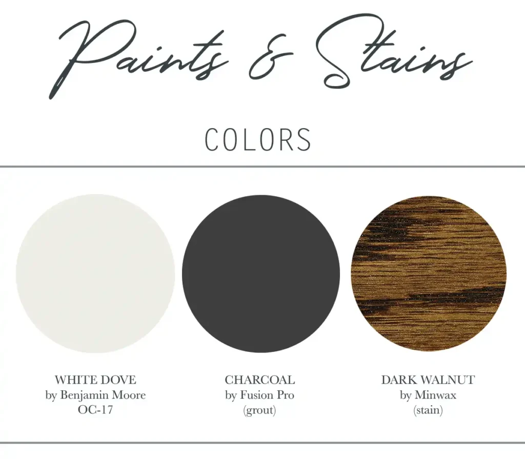 Paint and stain color combos for our primary bathroom renovation including white dove paint by Benjamin Moore, charcoal grout, and Dark Walnut by Minwax stain